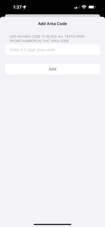 Add an area code to filter texts. by area code Add Area Code