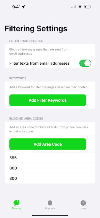 Customize your keywords and area codes to block spam texts Dont Text Filtering Tab
