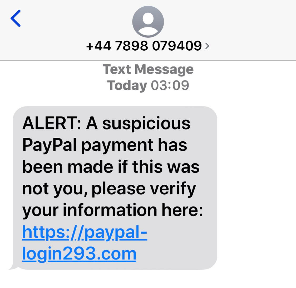 PayPal Text Phishing Message